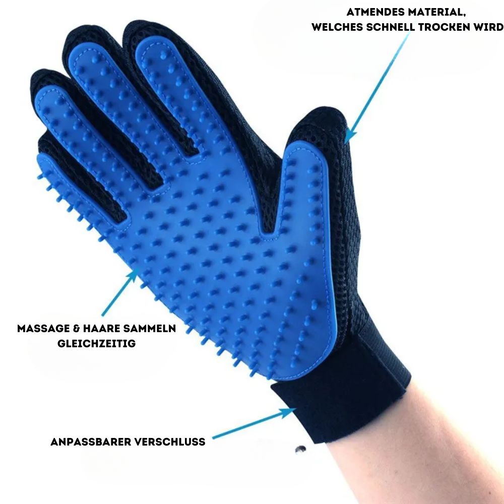 Der Fellpflege Handschuh hat atmendes Material, welches schnell trocken wird, zudem bietet der Handschuh Massage & Haare sammeln gleichzeitig. Der Verschluss ist zudem an die Hand anpassbar.